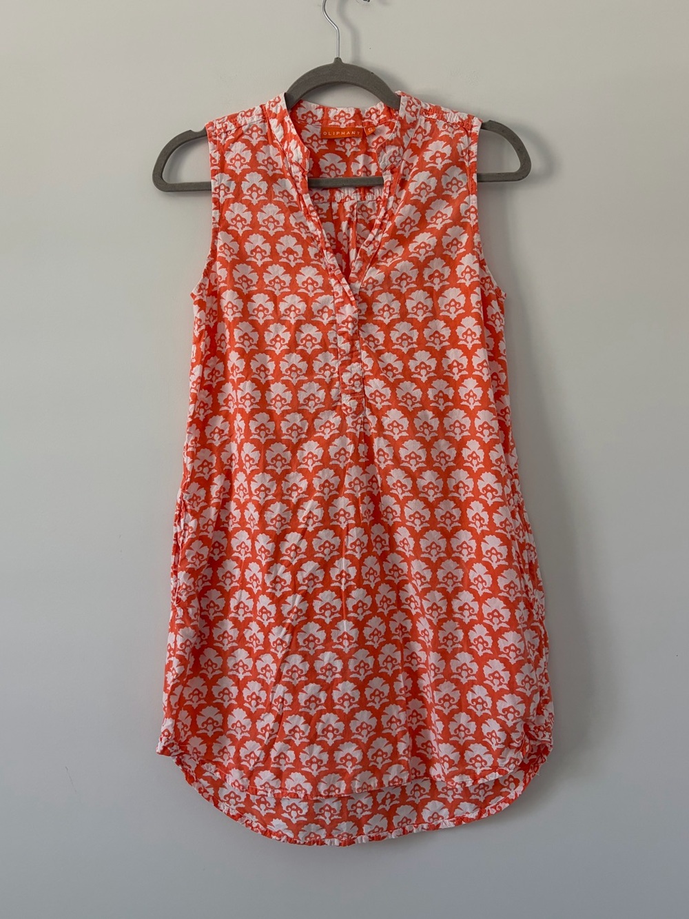 Oliphant Sleeveless Floral V Neck Orange White Print Cotton Boho Mini Dress L
